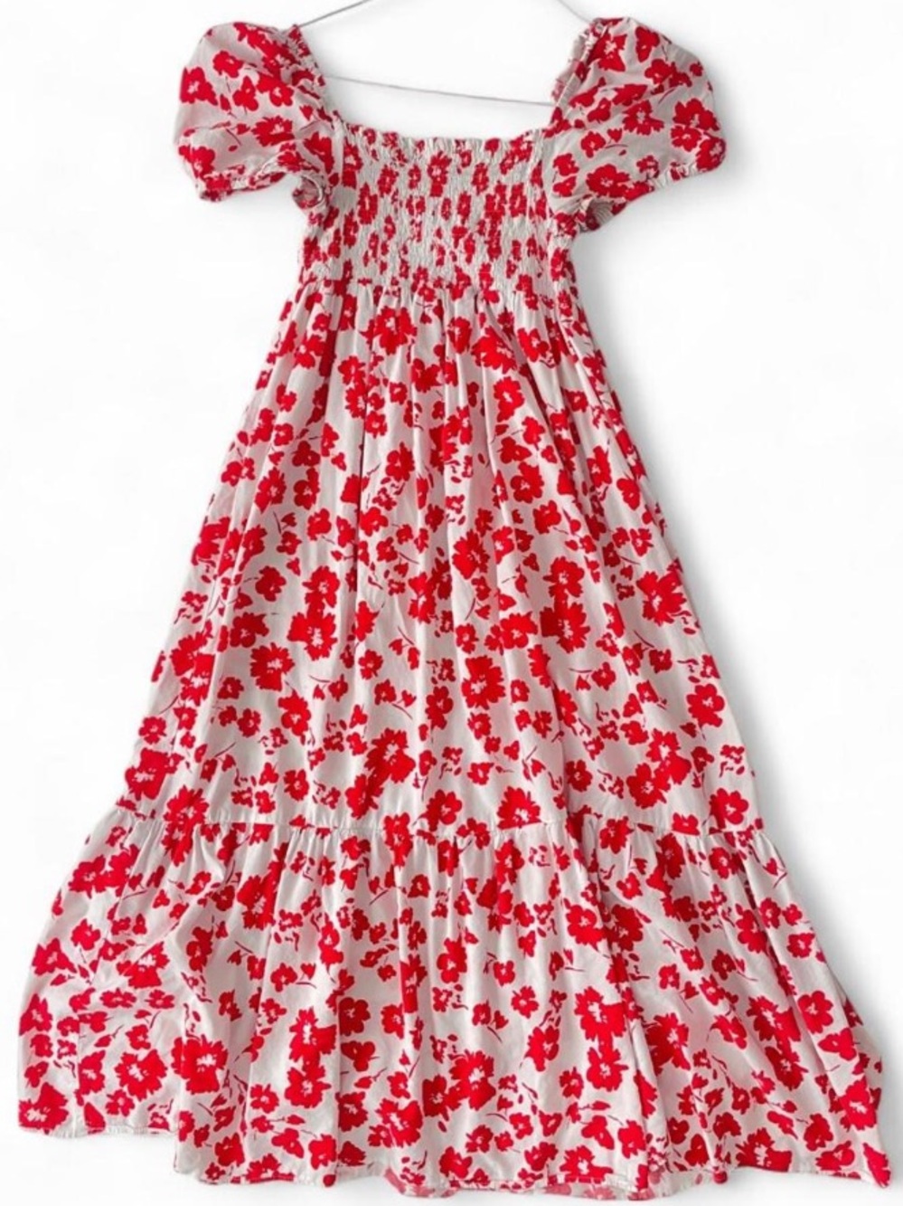 Zara Red Floral Smocked Puff-Sleeve Maxi Dress